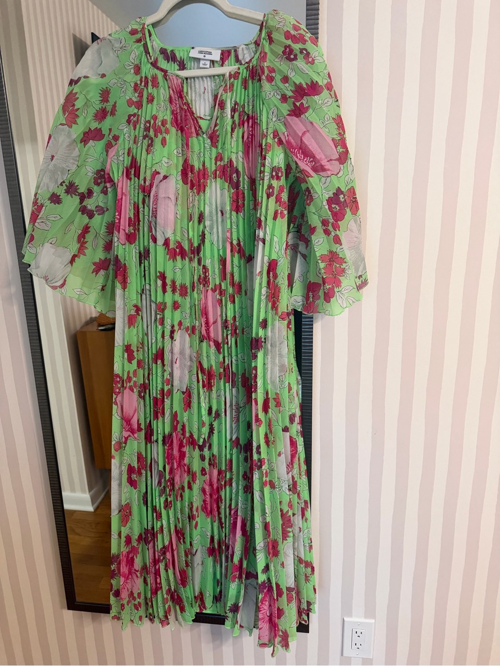 Christopher John Rogers Green Midi Dress with Pink Floral Print Caftan